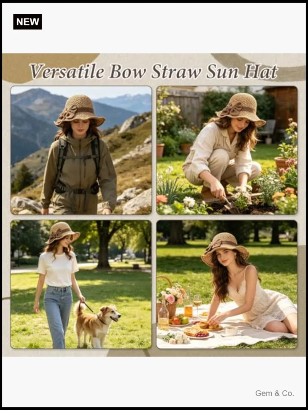 Woven Straw Sun Hat with Ruffled Bow, Foldable Travel Bucket Hat